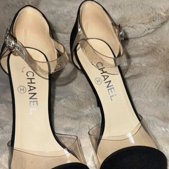 CHANEL Black & Transparent Ankle Strap Heels Size 37.5/ US 7 Made In Italy - Picture 3 of 14